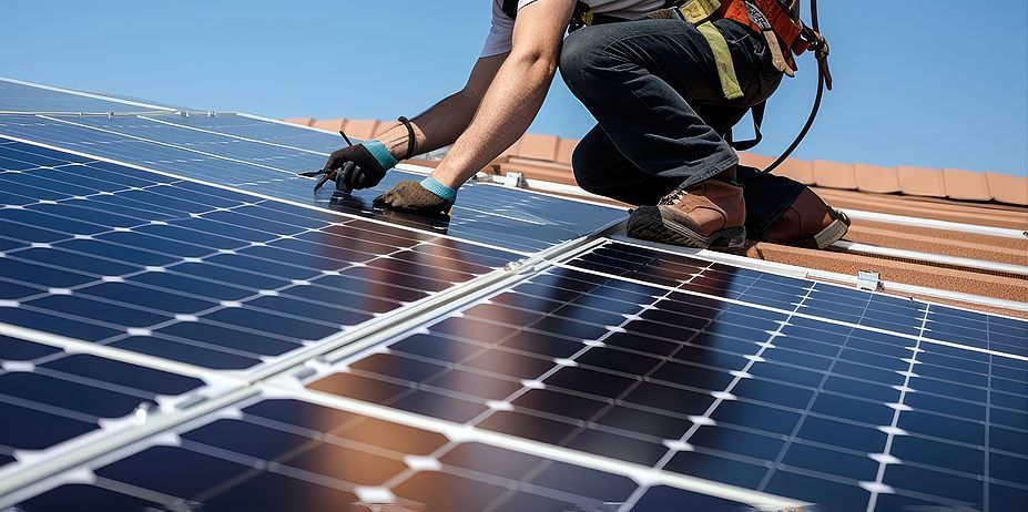 A worker installs solar panels on the roof of a house