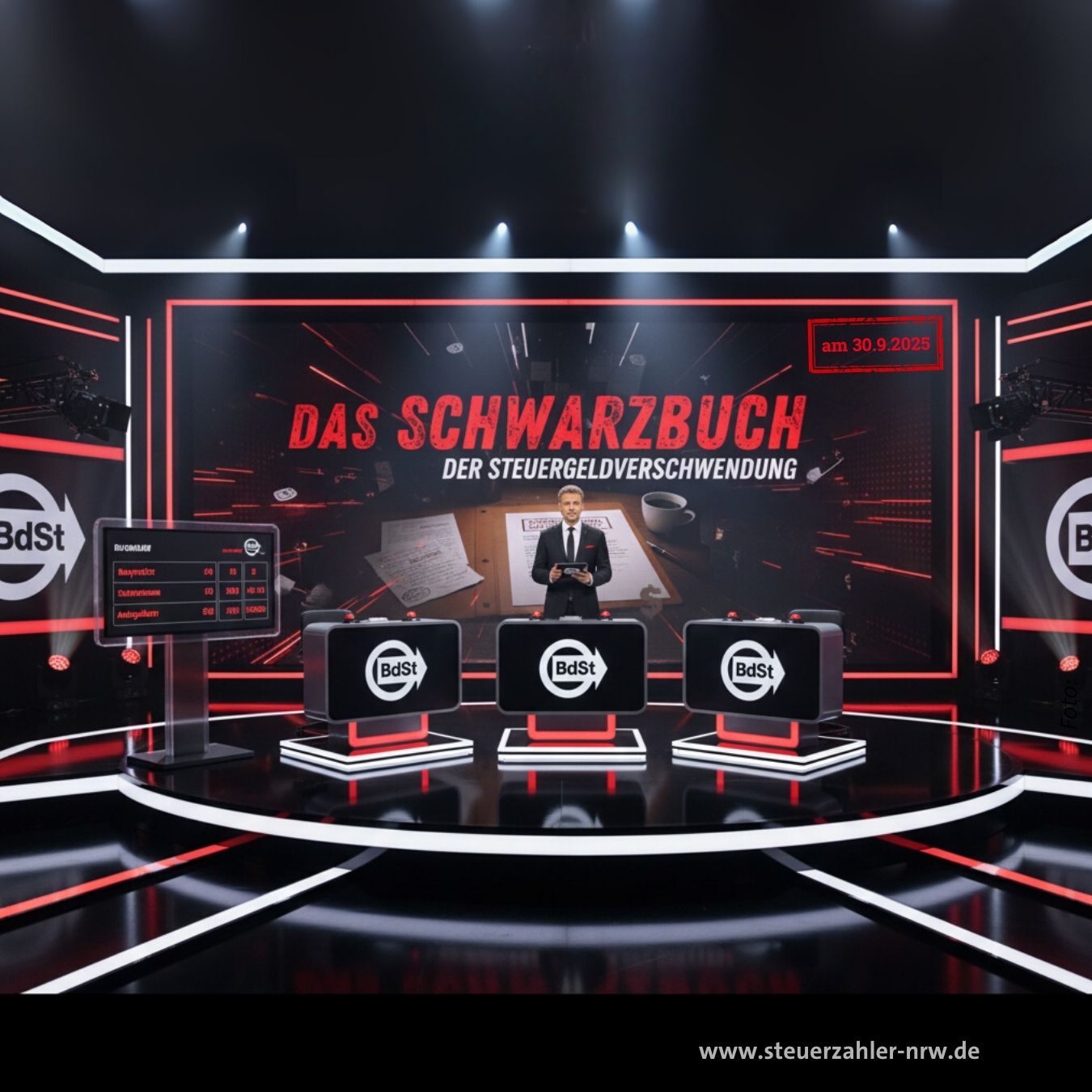 Gesamtasicht eines Filmstudios mit Moderator und Ratepulte, im Hintergrund große "Schwrazbuch"