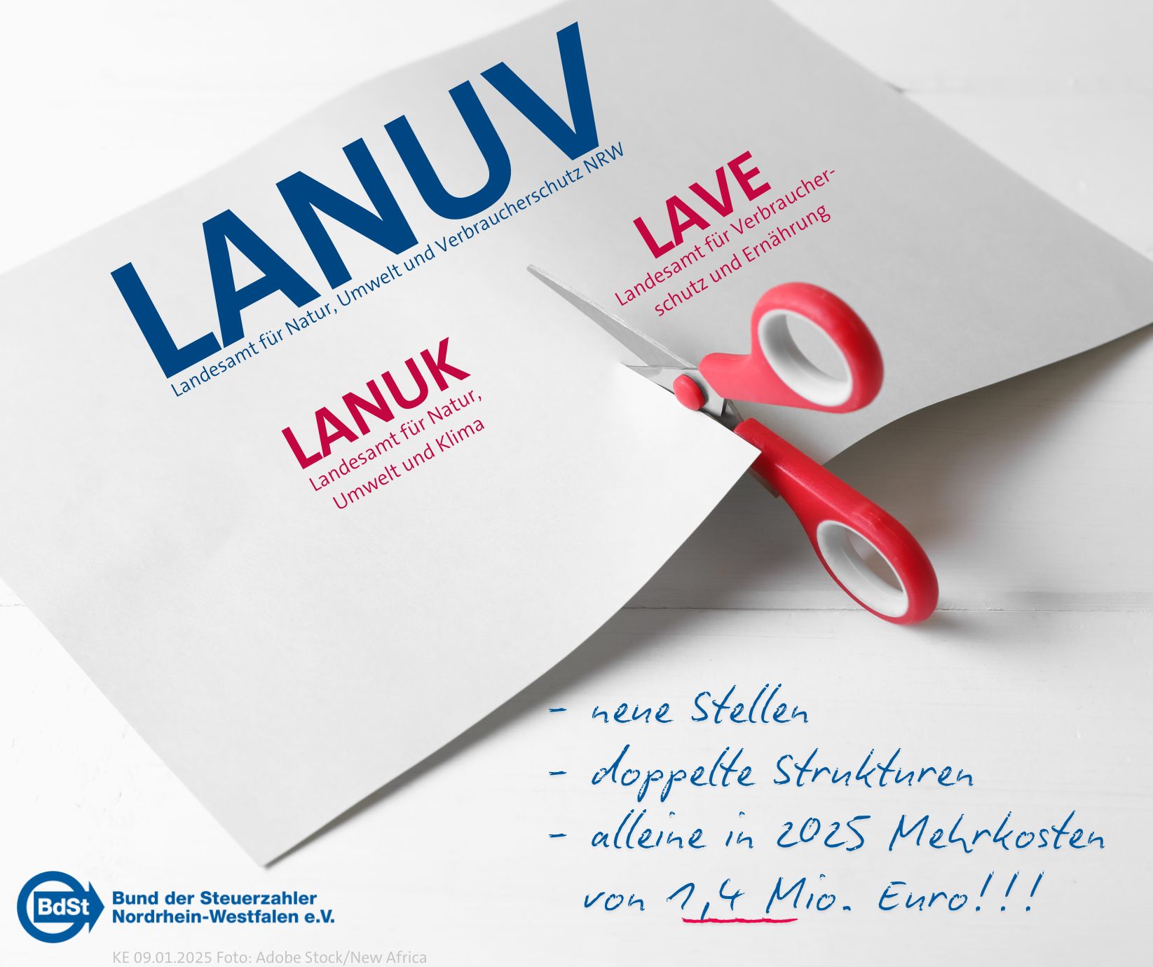 Der BdSt NRW spricht sich bei einer Anhörung im Landtag am 13. Januar gegen die Aufspaltung des Landesamtes für Natur, Umwelt und Verbraucherschutz in LANUK und LAVE aus.  