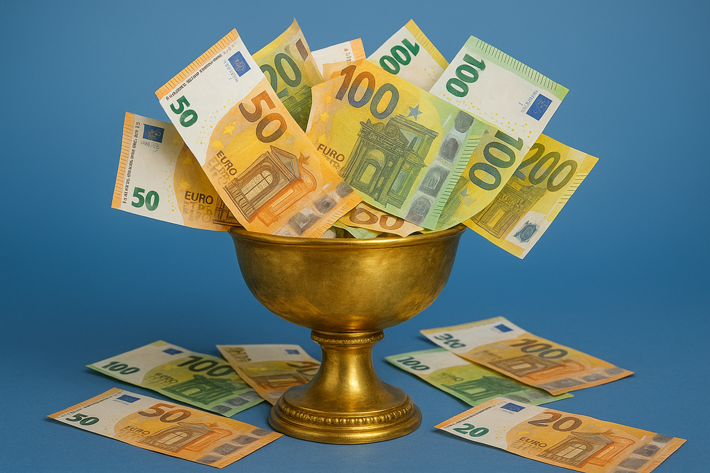 ein goldener Kelch gefüllt mit großen Banknoten