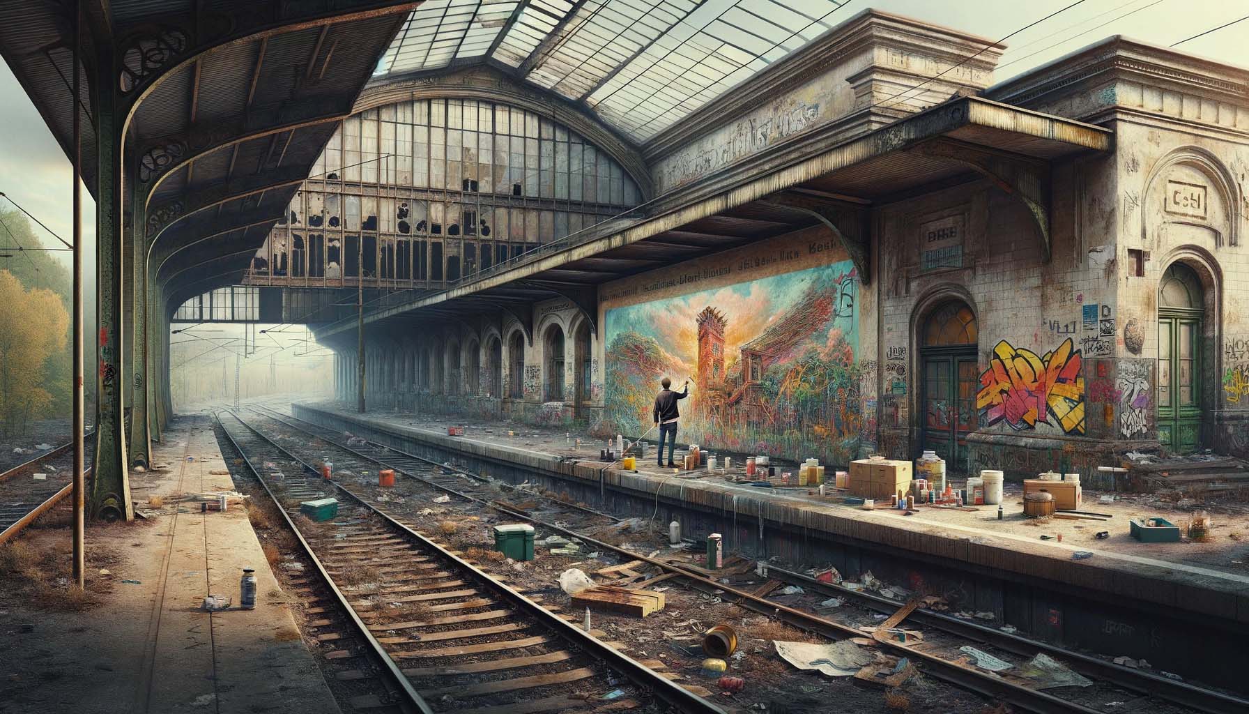 Heruntergekommener Bahnhof voller Müll und überzogen mit Grafittis, davon einige künstlerisch
