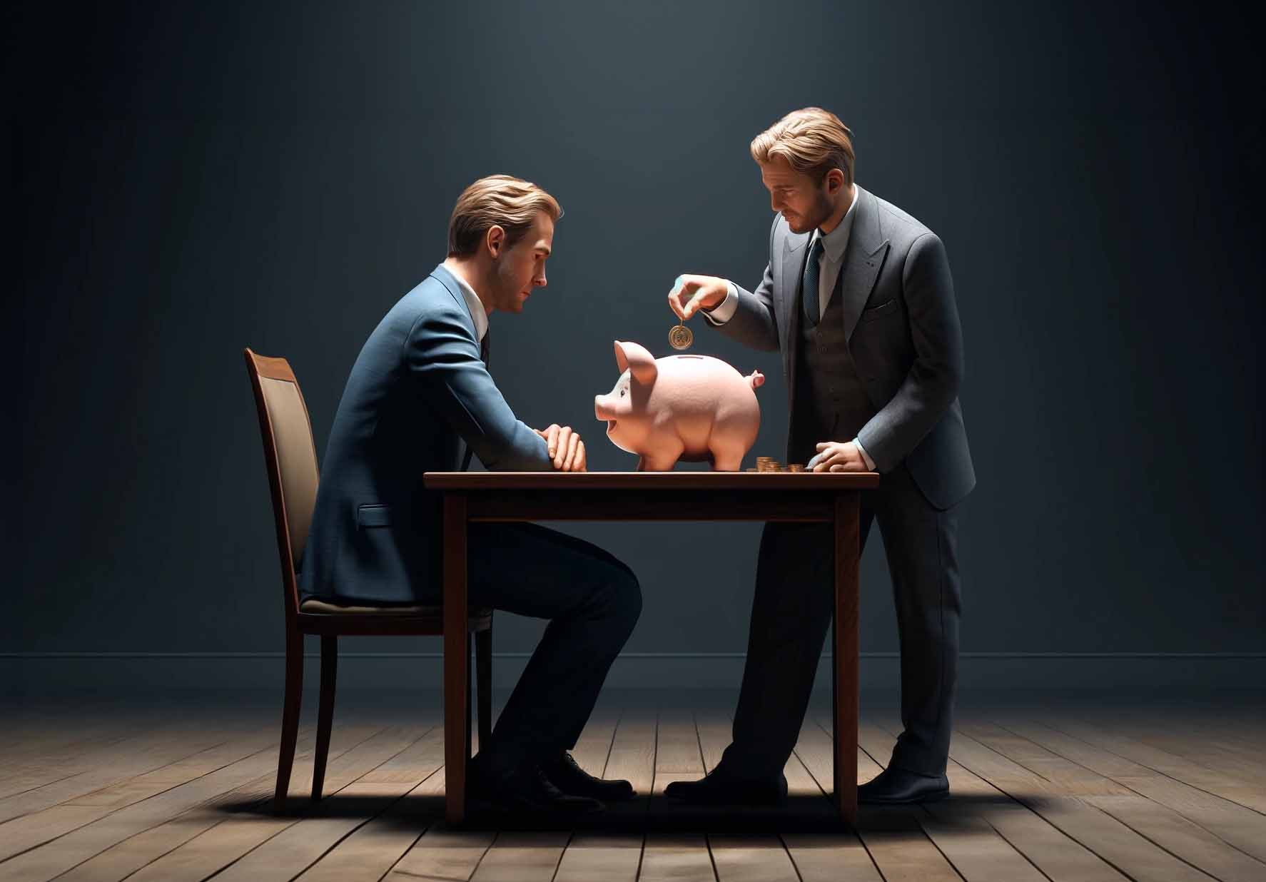 Männer in Anzügen stecken sich im Hinterzimmer Geld ins eigene Sparschwein