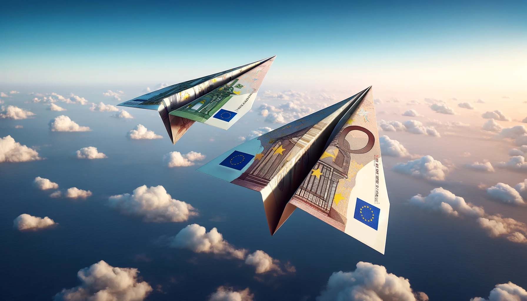 Papierflieger aus Euro-Scheinen fliegen durch den Himmel