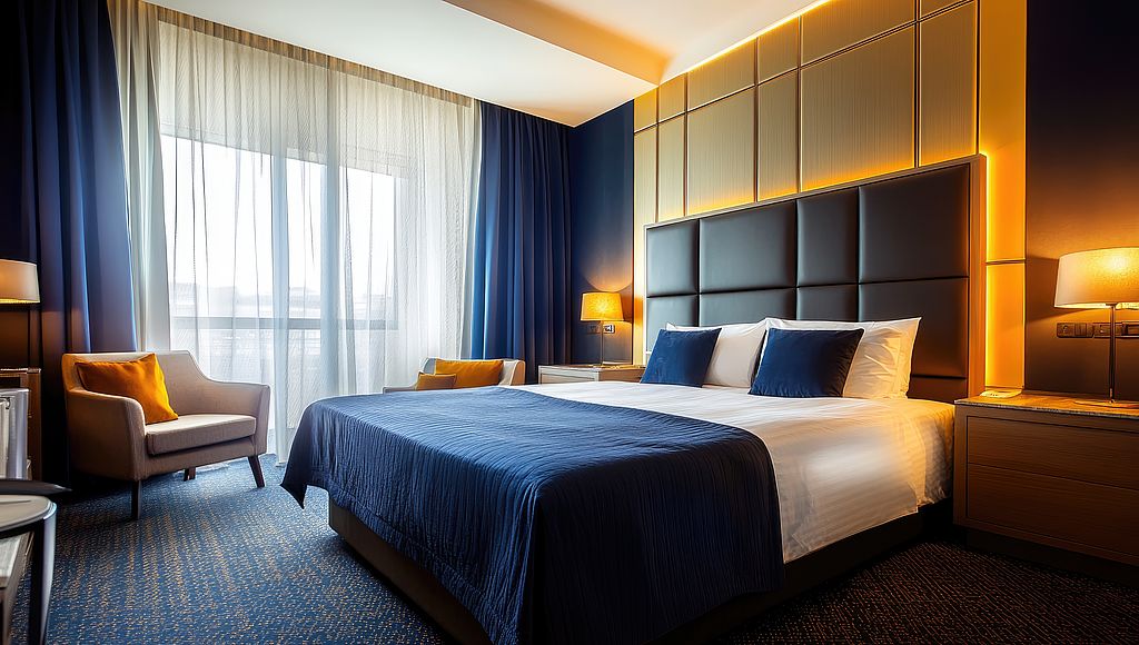Essen erwägt, eine "Bettensteuer" zu erheben. Modern eingerichtetes Hotelzimmer mit großem Doppelbett, Nachttischen, Sesseln und stimmungsvoller Beleuchtung.