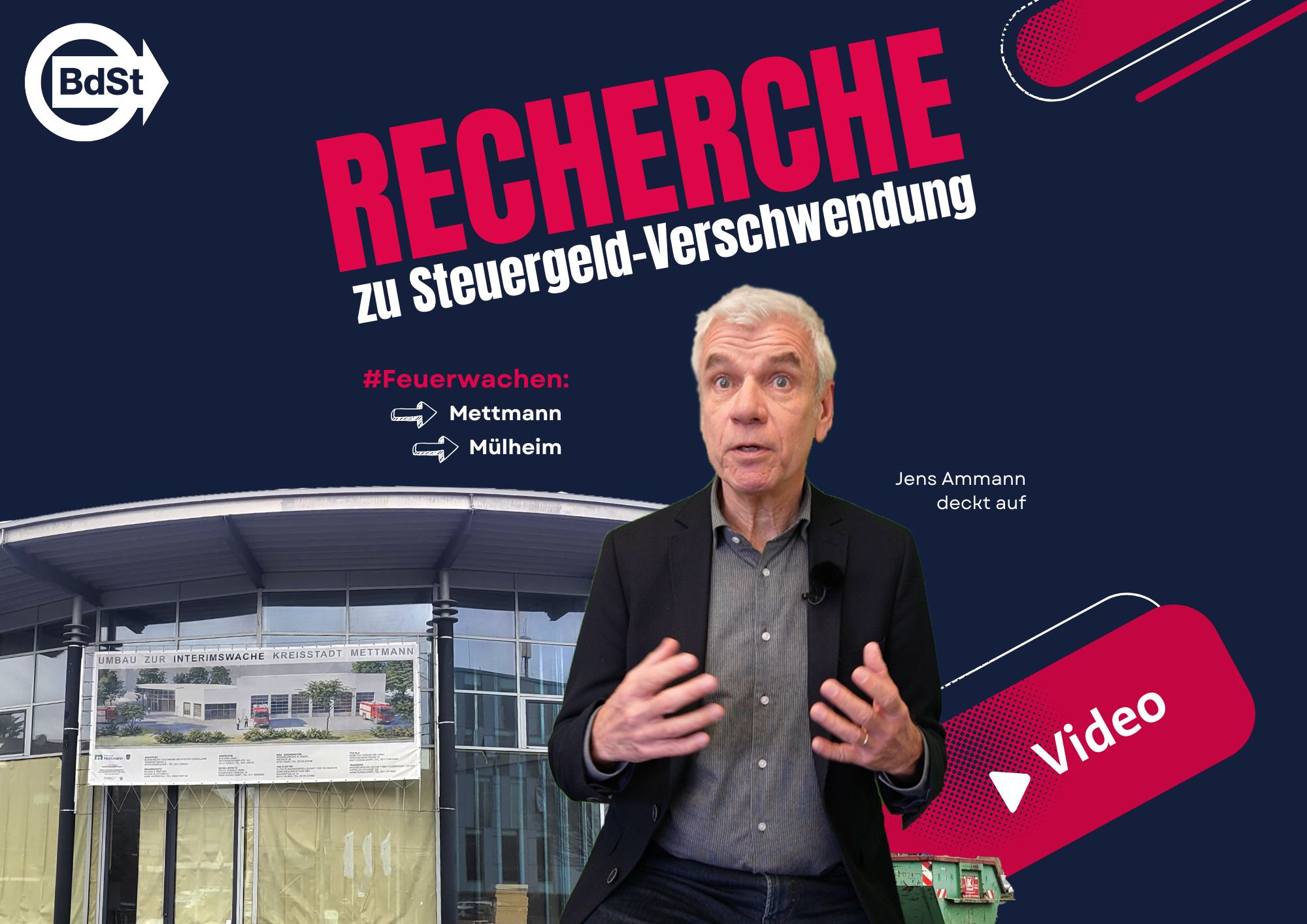 Zu sehen ist Jens Ammann, der mit hochgezogenen Augenbrauen mit seinen Händen gestikuliert. Über ihm steht "Recherche zu Steuergeldverschwendung" im Hintergrudn ist ein rundes, verglastes Autohaus zu erkennen. Insider wissen: Es steht in Mettmann.