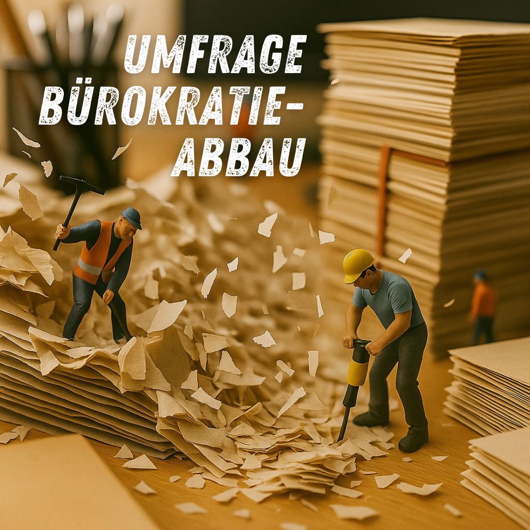 Miniaturfiguren in Bauarbeiterkleidung reißen Papierstapel auf einem Schreibtisch symbolisch mit Presslufthammer und Spitzhacke auf.
