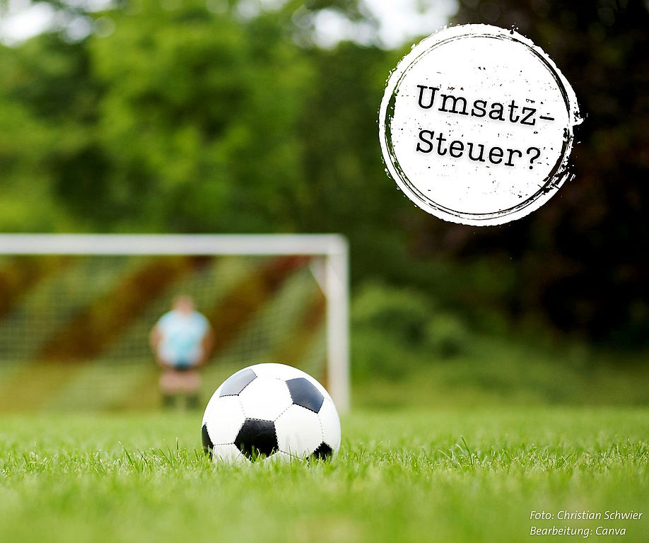 Rasensportplatz, Fußball mittig im Bild, hinten unscharf ein Tor mit Torwart